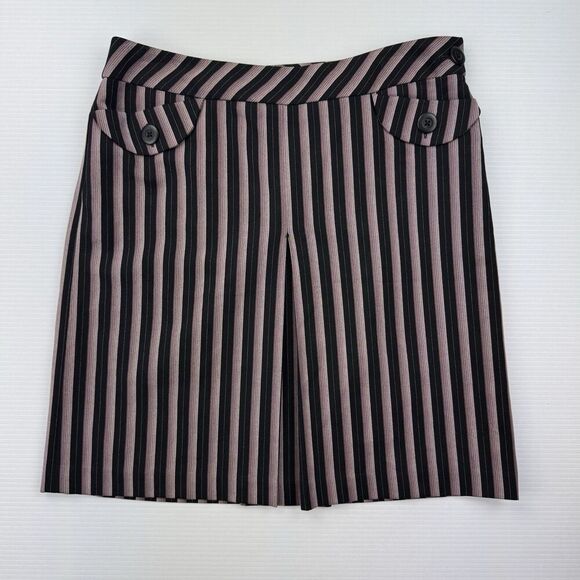 Ann Taylor Loft Skirt 8 Black Purple Stripe Button Detail Pleated Front Lined - Picture 1 of 10